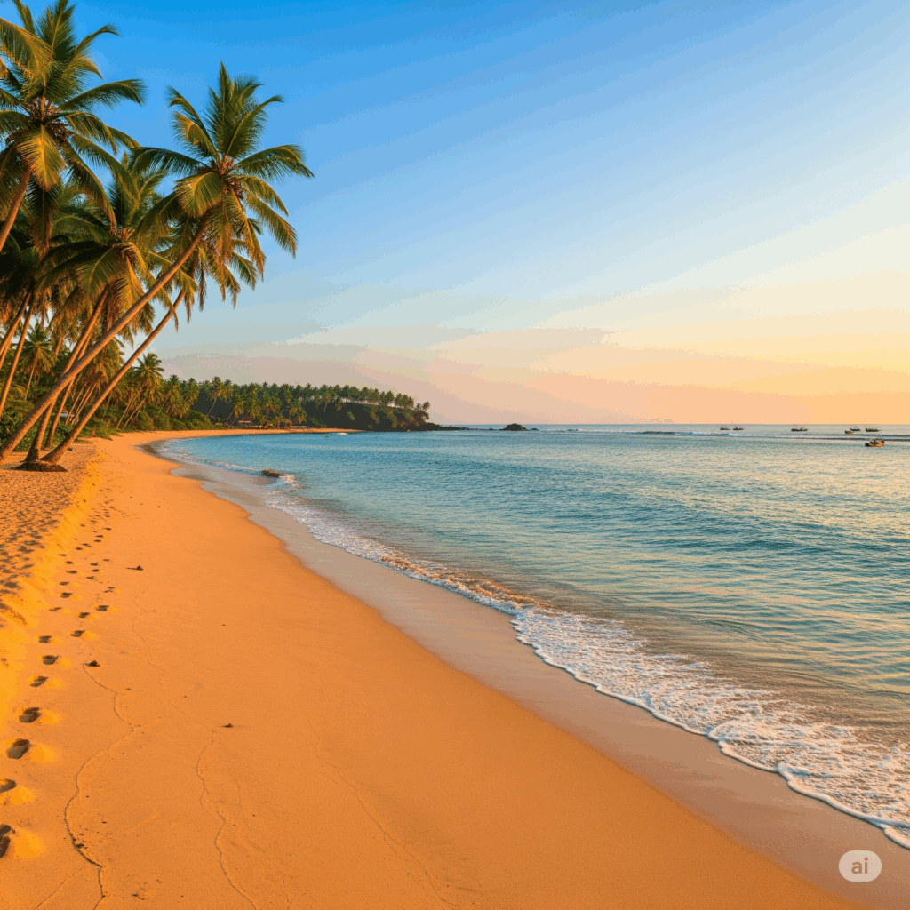 A breathtaking panoramic view of a golden sand beach in Tangalle, the beautiful destination at the end of the journey from Colombo to Tangalle.