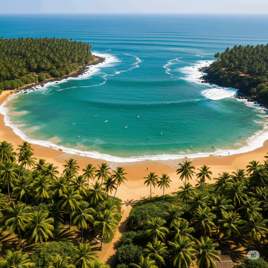The picturesque horseshoe-shaped Hiriketiya Bay, a perfect destination after a relaxing Colombo to Hiriketiya taxi ride.