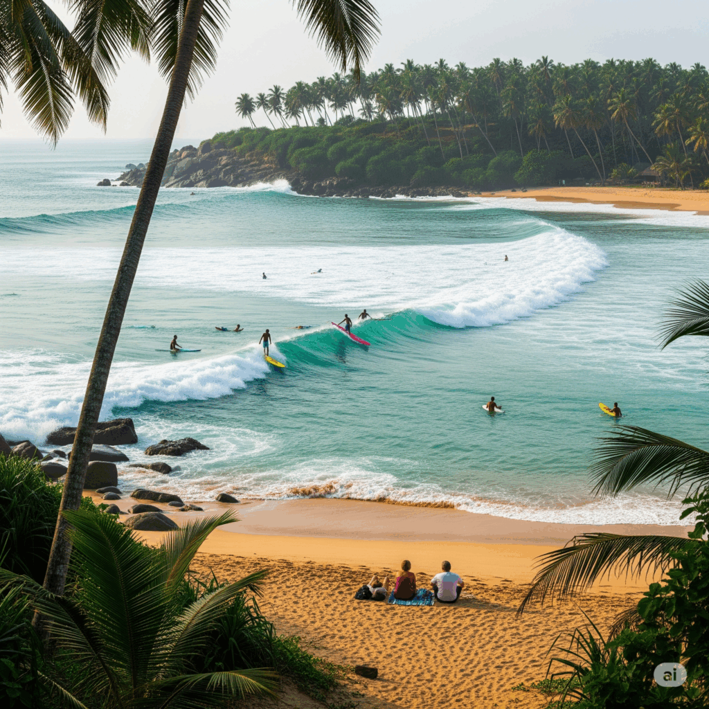 The picturesque Hiriketiya Beach, a horseshoe-shaped bay perfect for surfing and relaxation, awaiting travelers after their Colombo to Dickwella taxi transfer.