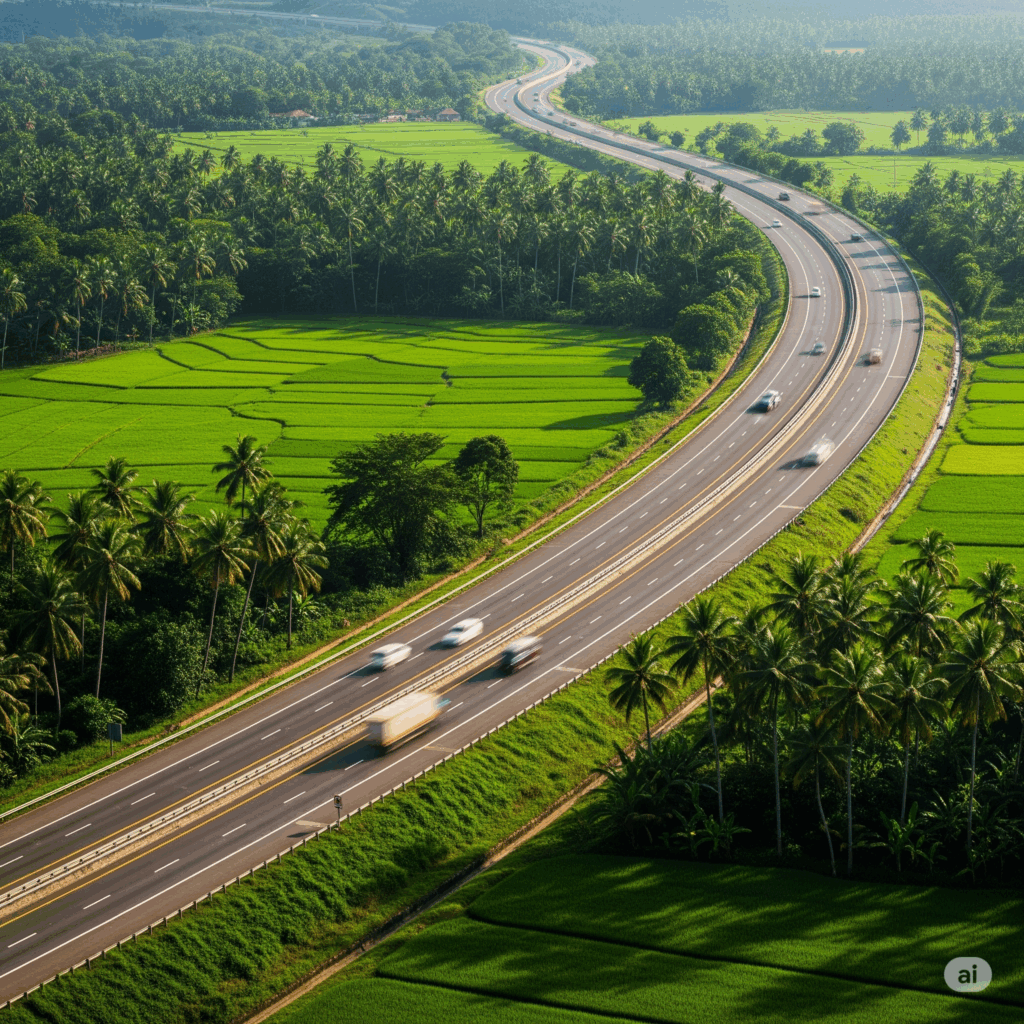 A modern highway cutting through green Sri Lankan landscapes, illustrating the fast and efficient Colombo to Dickwella journey on the Southern Expressway.