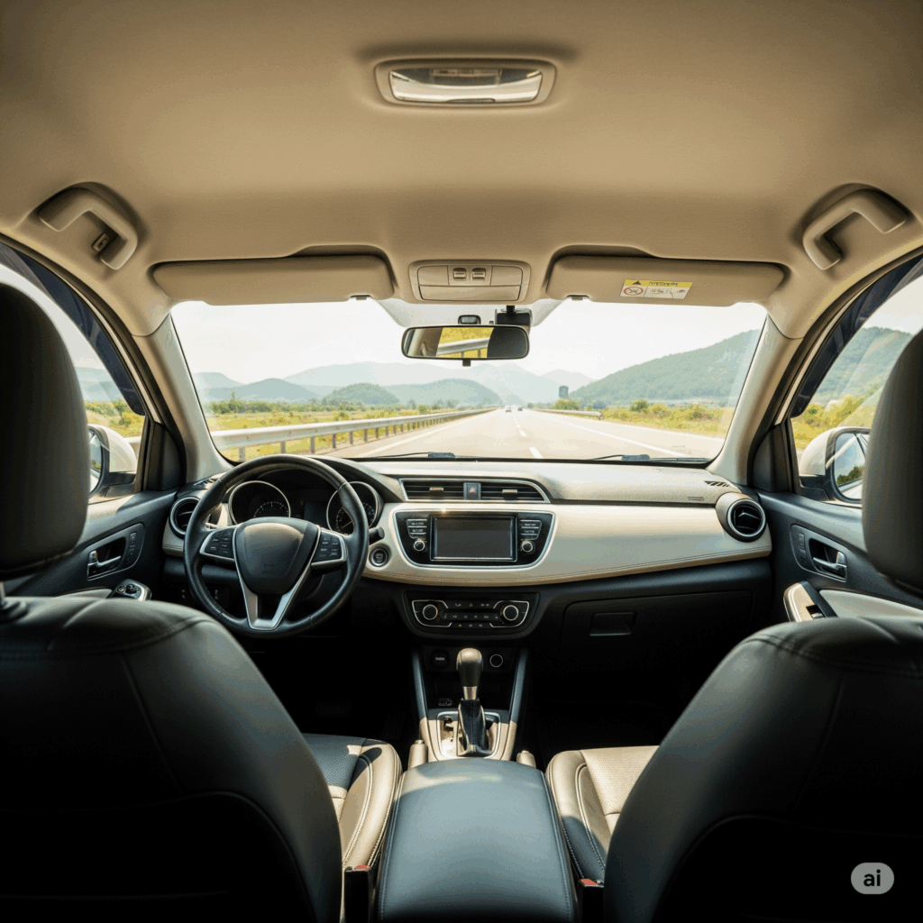 A comfortable, air-conditioned car driving on the Southern Expressway, representing a smooth and effortless taxi journey from Colombo to Weligama.