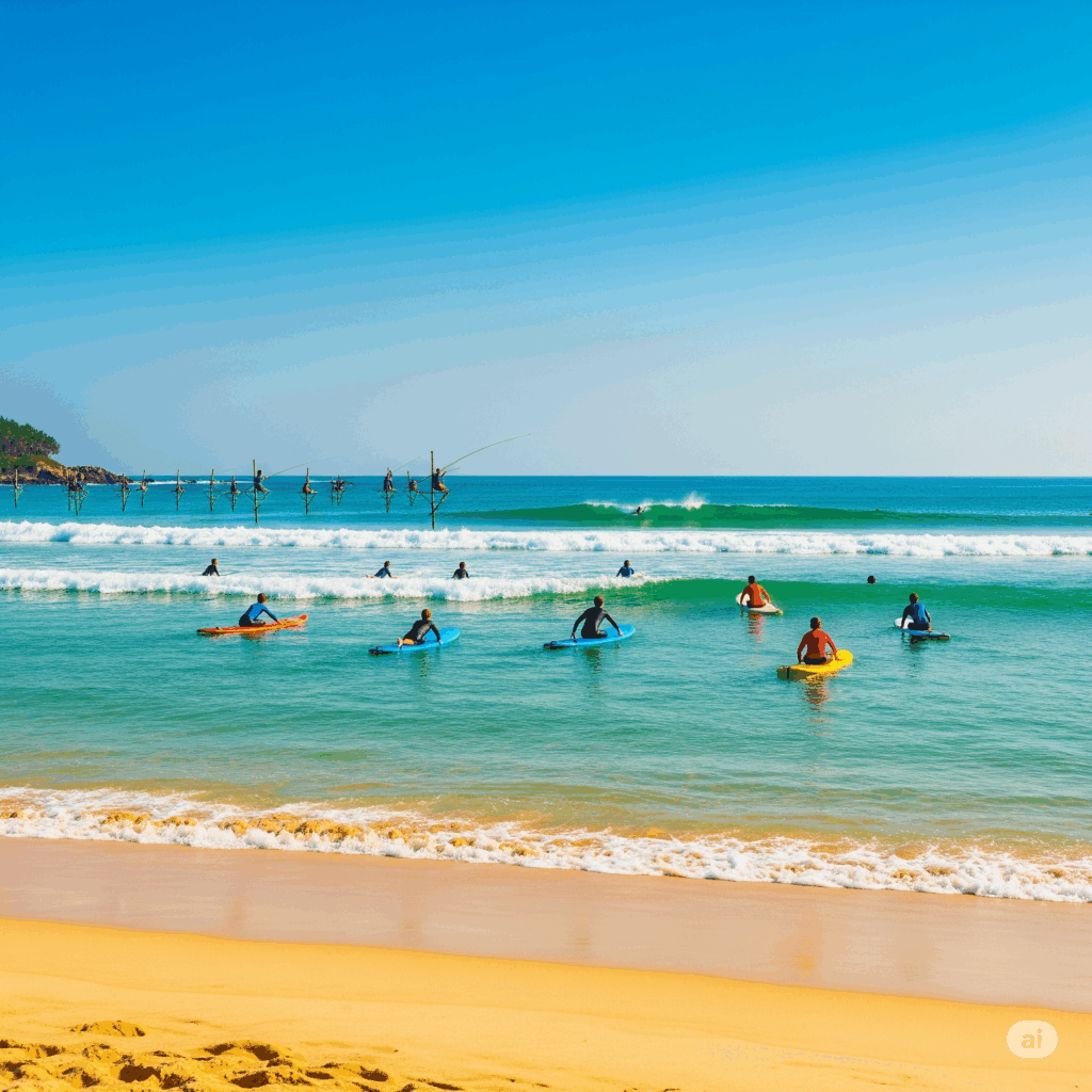 The beautiful sandy shores and gentle waves of Weligama Bay, the perfect coastal paradise awaiting you after your comfortable taxi trip from Colombo to Weligama.