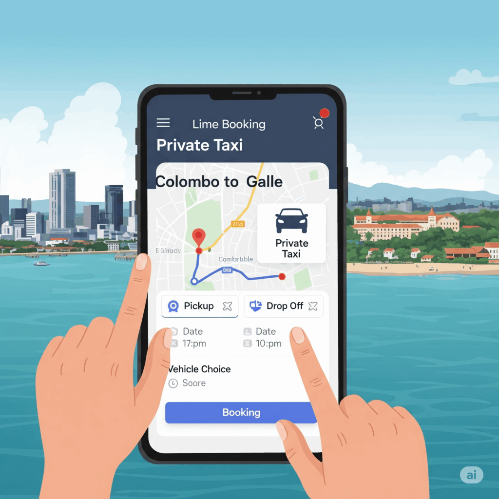 Easy online booking process for a private taxi from Colombo to Galle, illustrating the convenience of pre-arranging your comfortable journey.