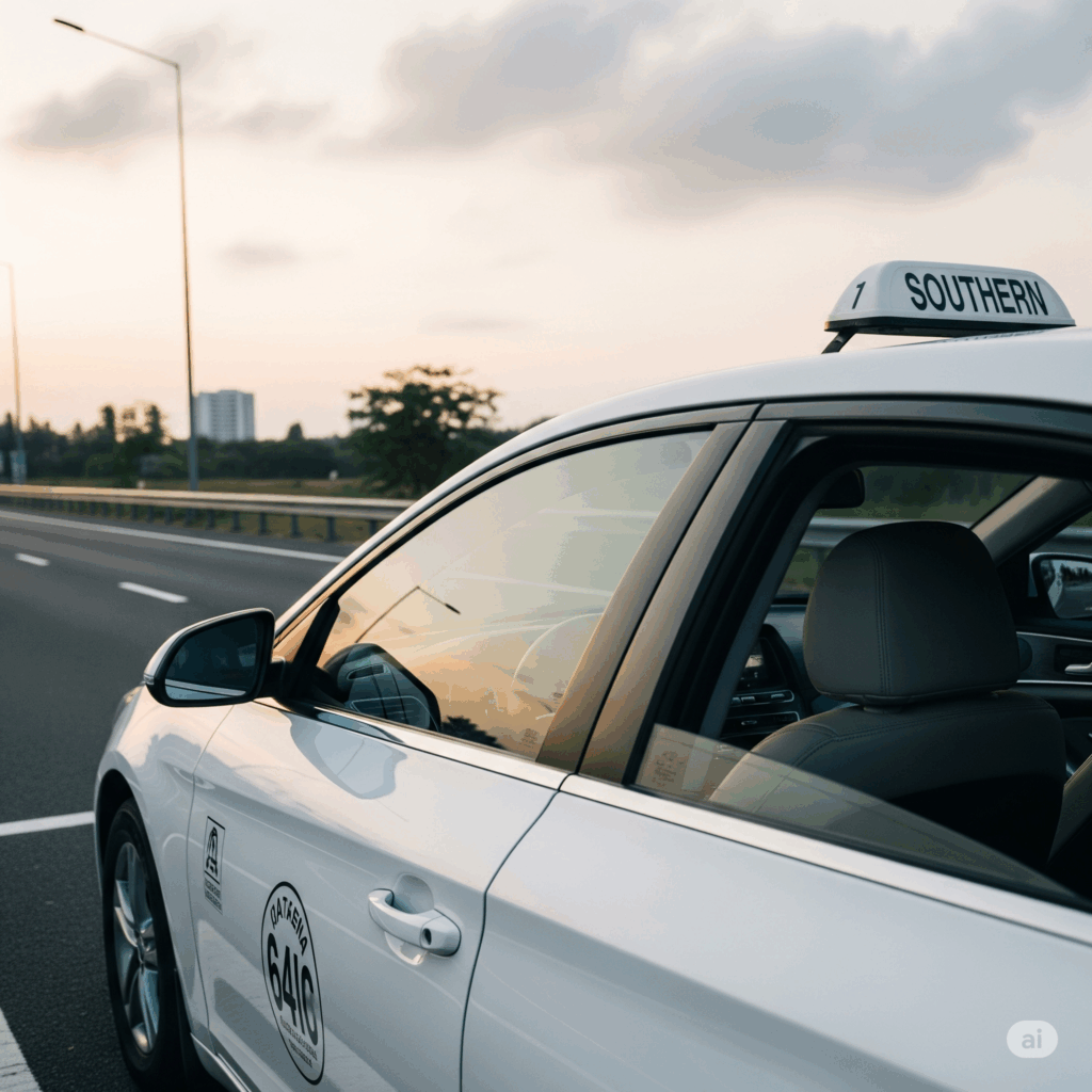 A comfortable taxi car ready for a smooth journey from Colombo to Galle on the Southern Expressway, emphasizing effortless travel.