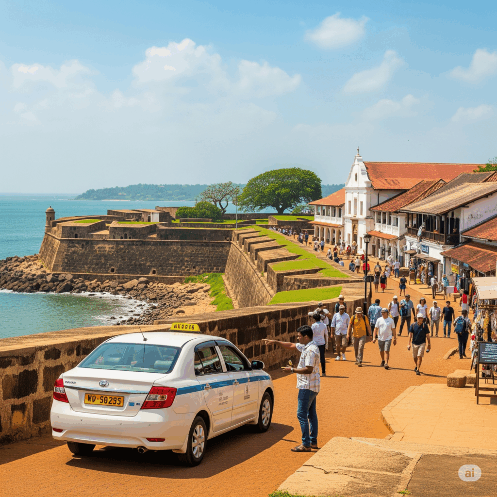 The historic Galle Fort, a UNESCO World Heritage site, awaits after a comfortable taxi trip from Colombo to Galle, offering stunning coastal views.