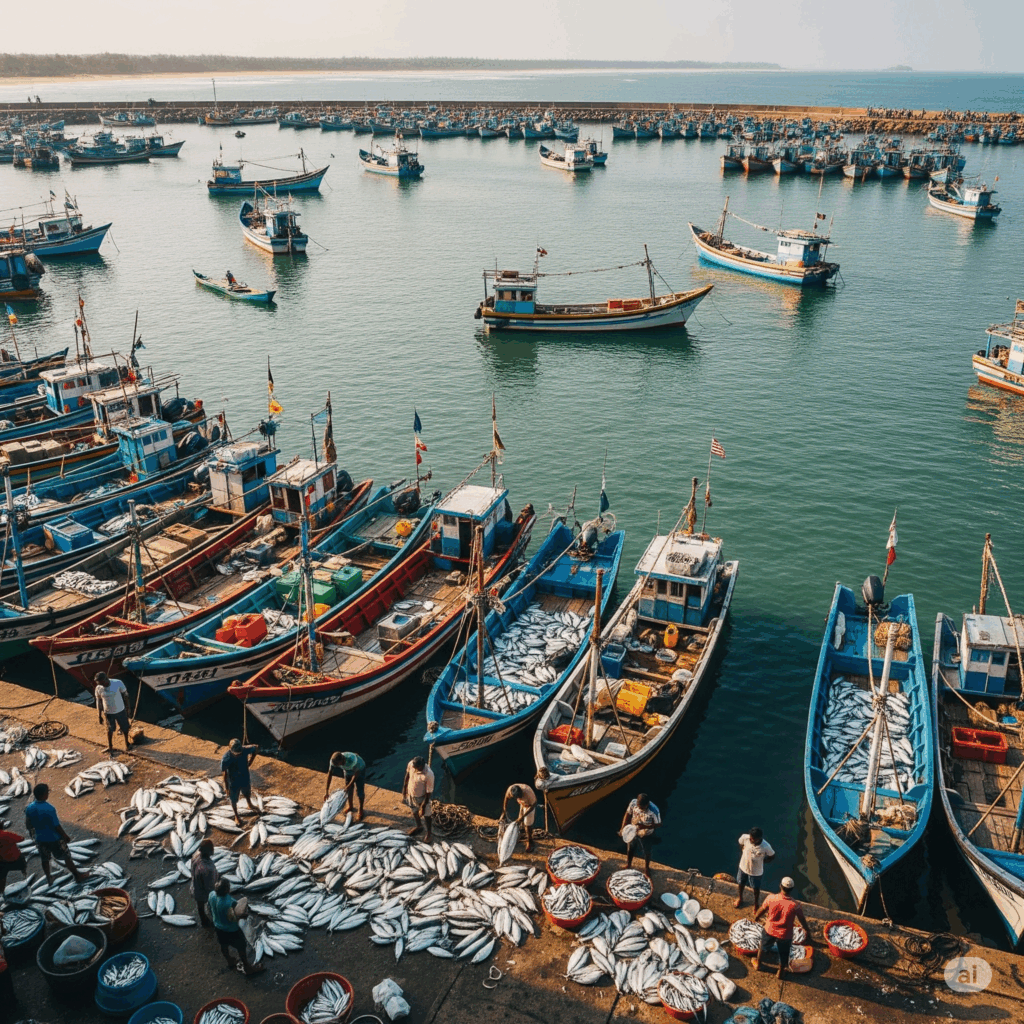 Experience the authentic local life at Beruwala Fish Harbour after your comfortable Colombo to Beruwala journey, with colorful boats and bustling activity.