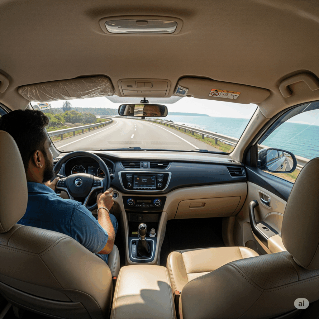 Interior of a comfortable taxi driving along the coastal road from Colombo to Kalutara, with scenic ocean views. Image 2: An aerial view of a Sri Lankan coastal road with the ocean on one side and lush greenery on the other.