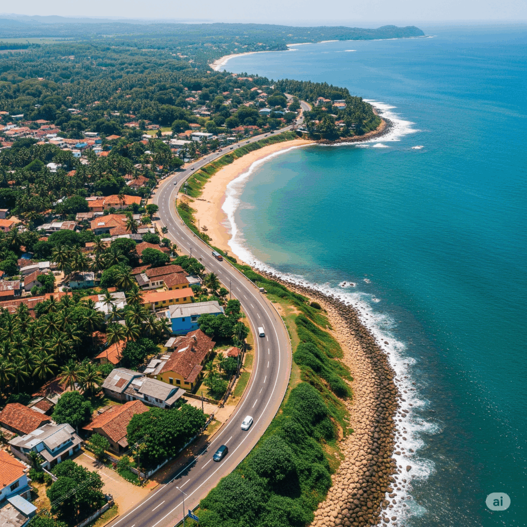 Aerial view of the scenic coastal highway (Galle Road) on the journey from Colombo to Kalutara, with the Indian Ocean on one side.